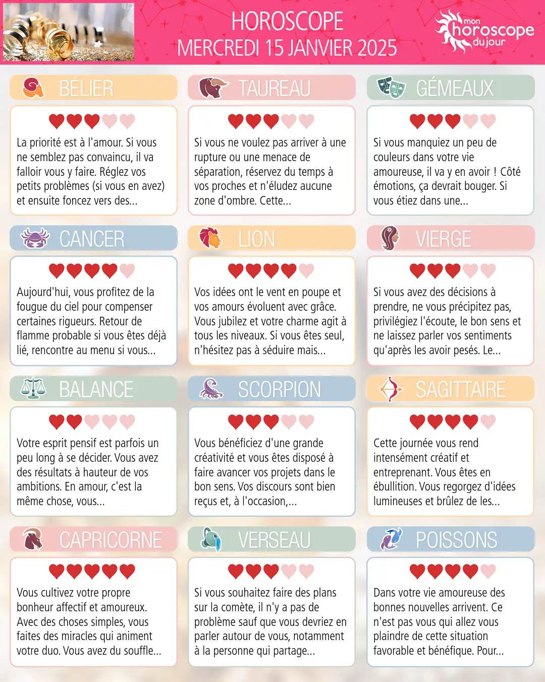 Horoscope du mercredi 15 janvier 2025