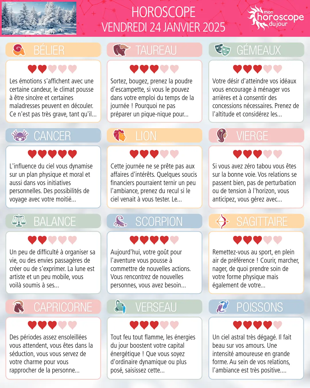 Horoscope du vendredi 24 janvier 2025