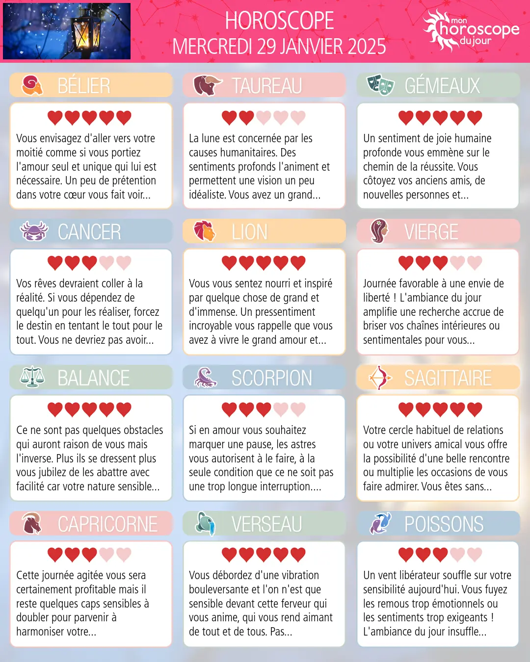 Horoscope du mercredi 29 janvier 2025