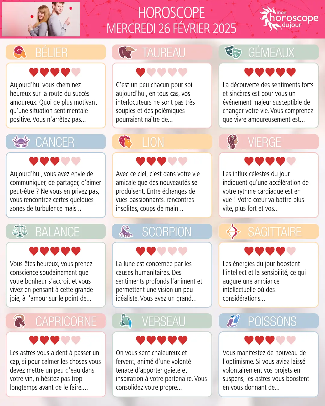Horoscope du mercredi 26 fevrier 2025