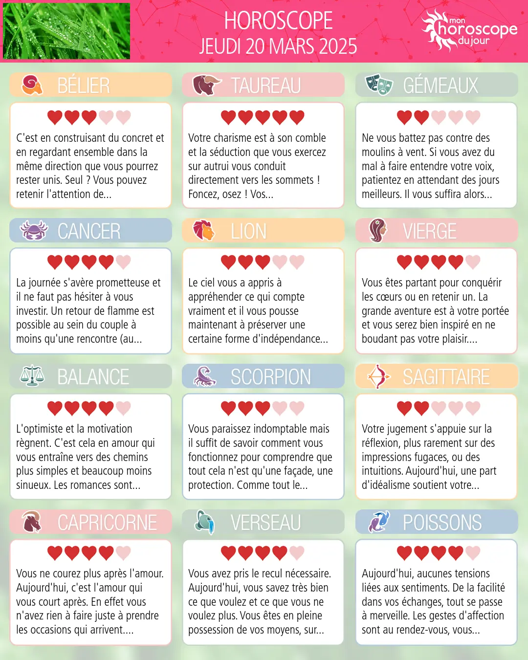 Horoscope du jeudi 20 mars 2025