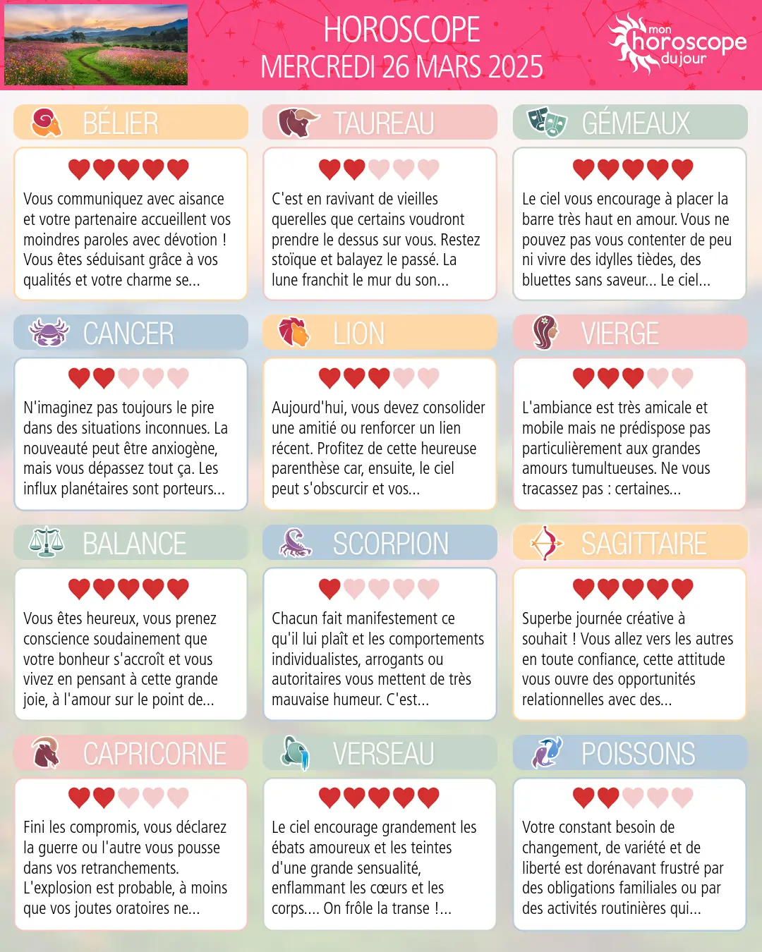 Horoscope du mercredi 26 mars 2025
