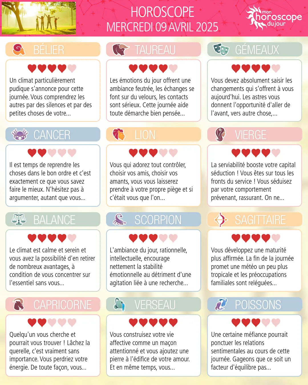 Horoscope du mercredi 9 avril 2025