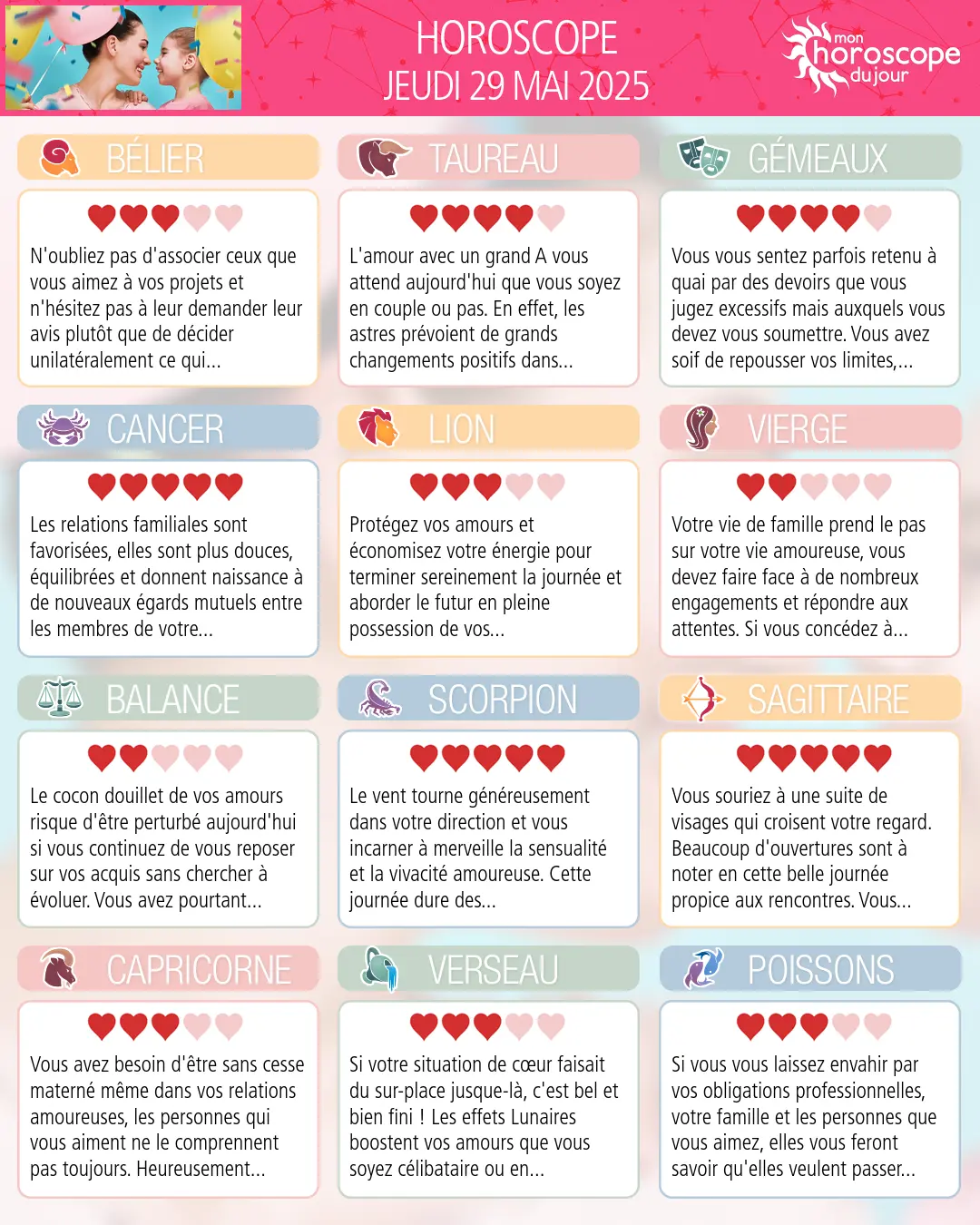 Horoscope du jeudi 29 mai 2025
