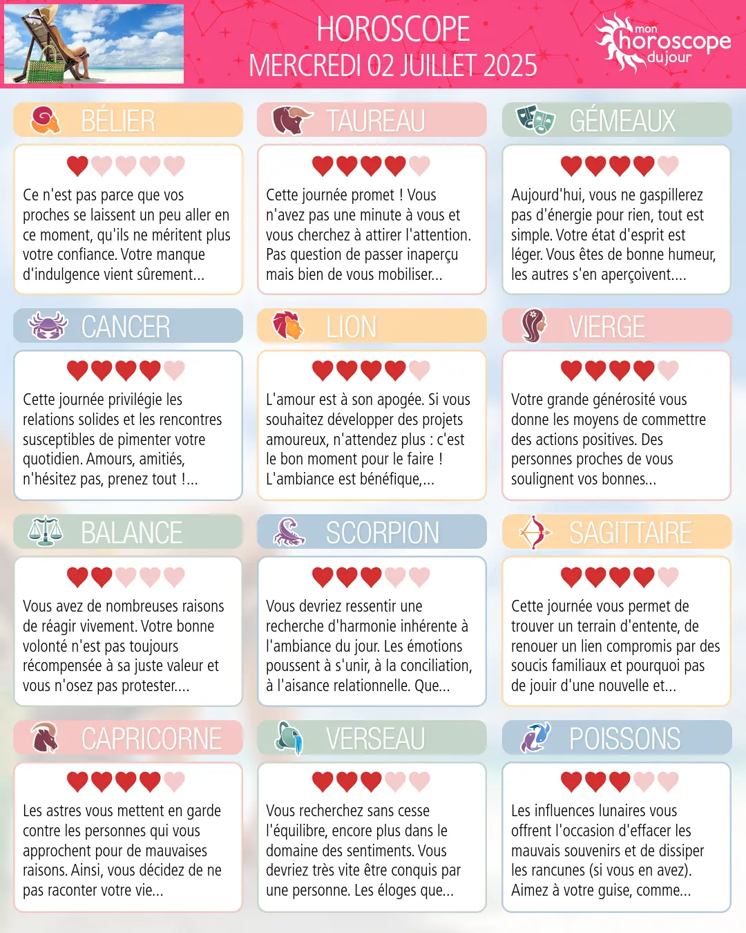Horoscope du mercredi 2 juillet 2025