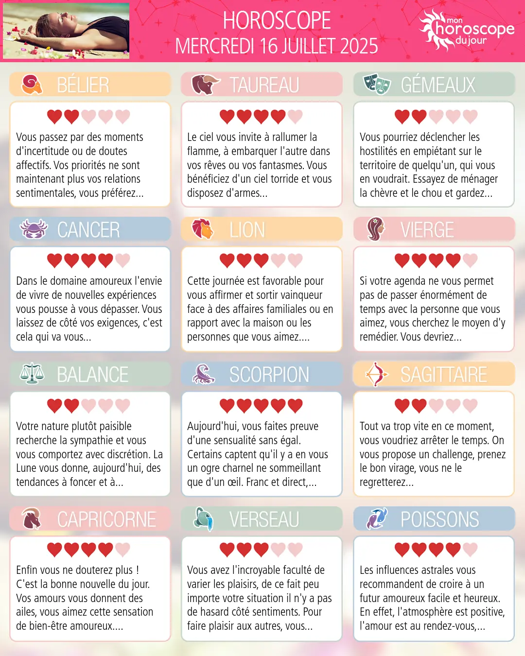Horoscope du mercredi 16 juillet 2025