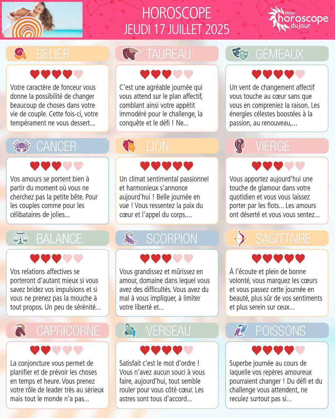 Horoscope du jeudi 17 juillet 2025