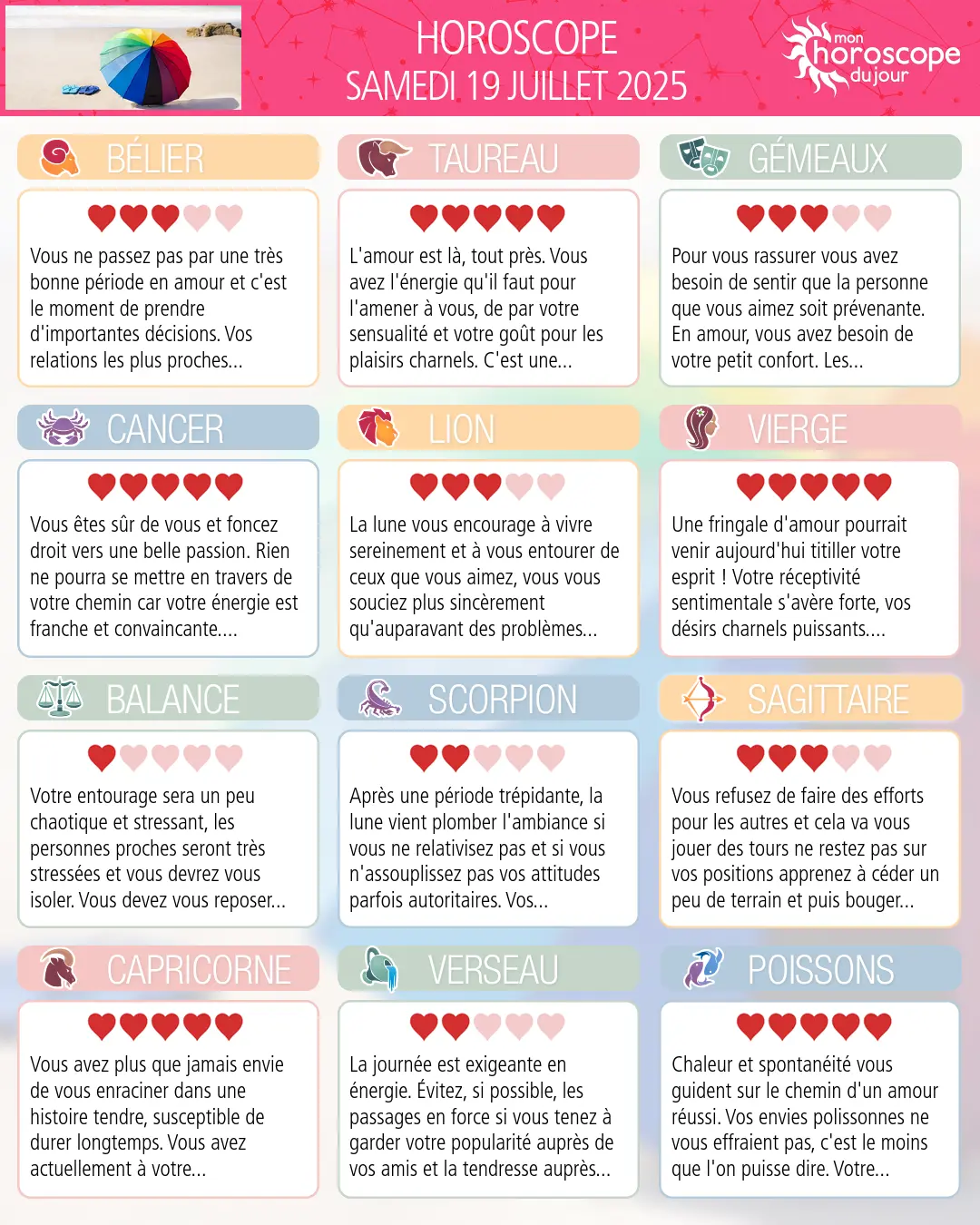 Horoscope du samedi 19 juillet 2025