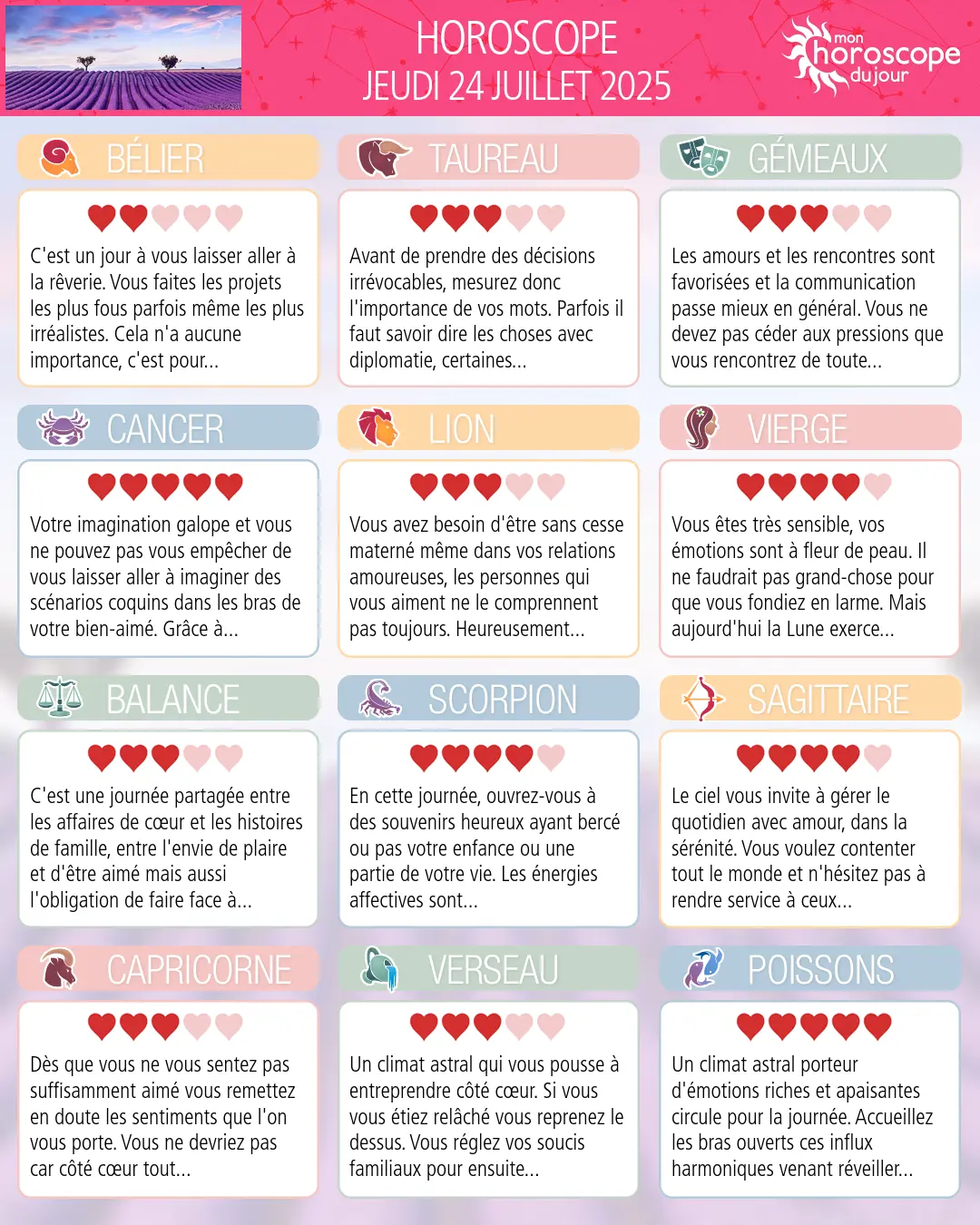 Horoscope du jeudi 24 juillet 2025