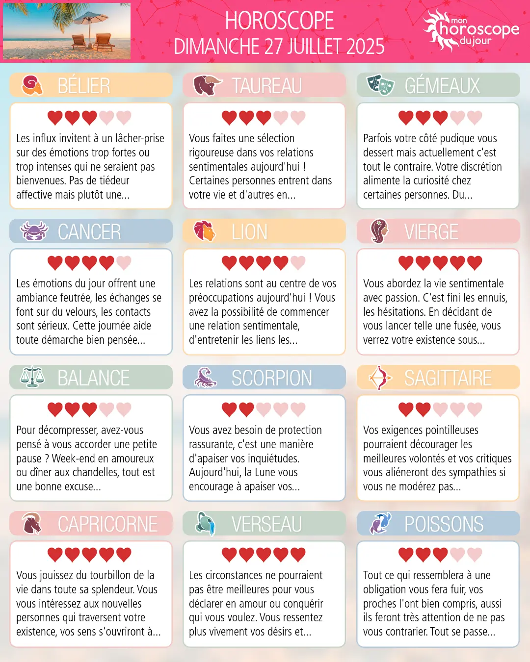Horoscope du dimanche 27 juillet 2025