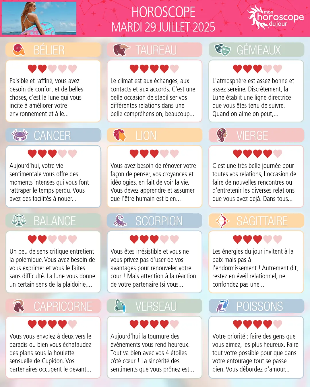 Horoscope du mardi 29 juillet 2025
