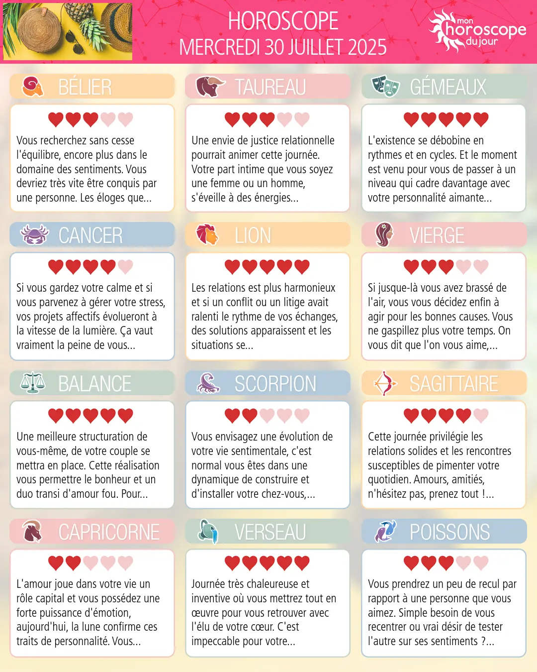 Horoscope du mercredi 30 juillet 2025