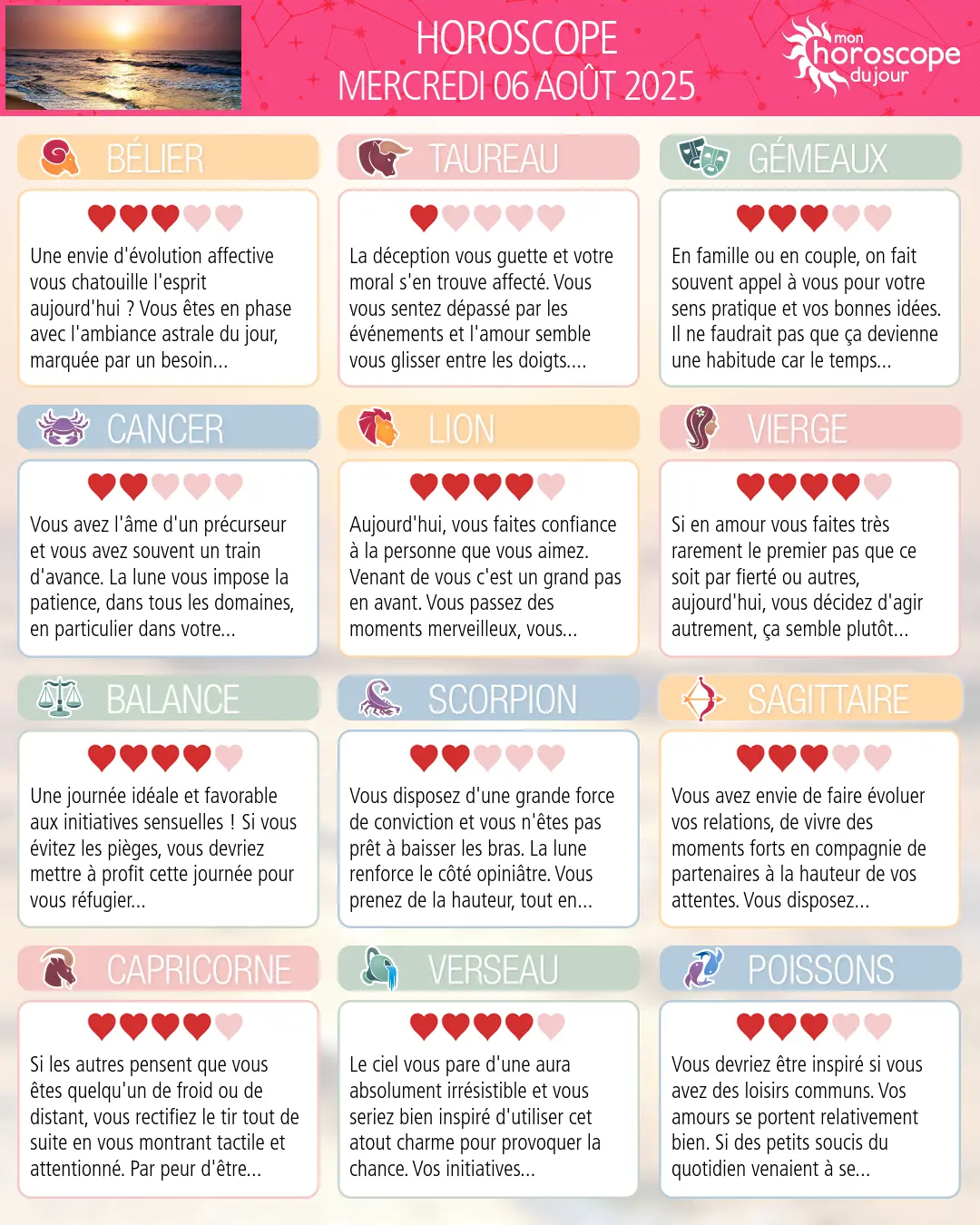 Horoscope du mercredi 6 aout 2025
