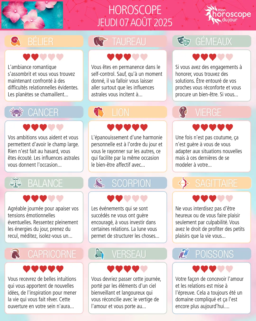 Horoscope du jeudi 7 aout 2025