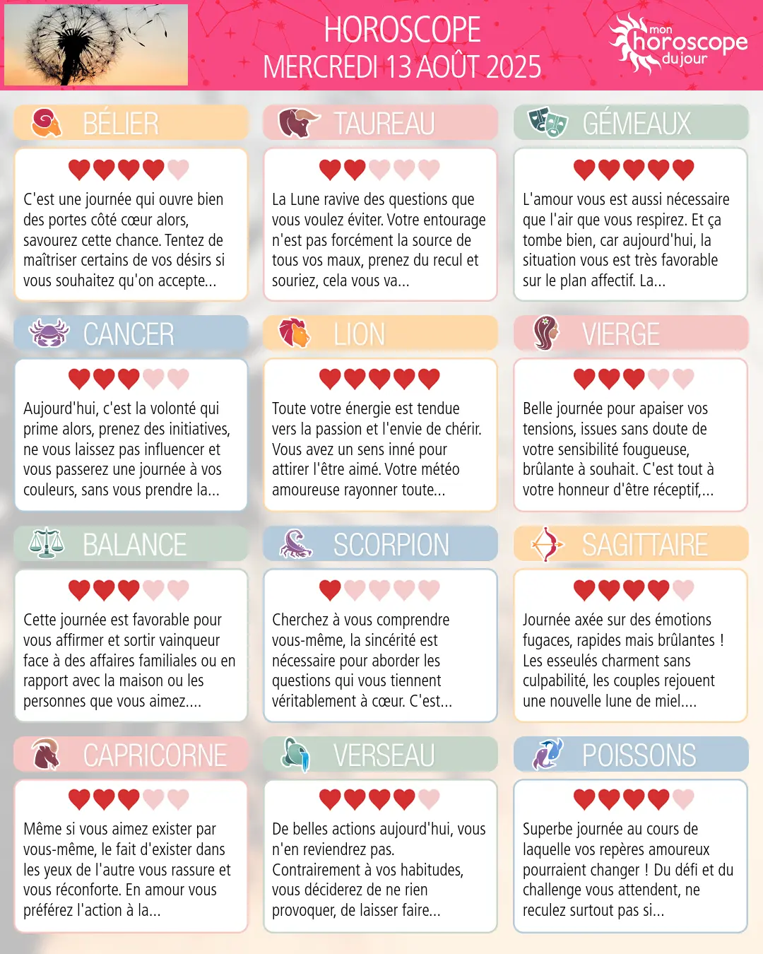 Horoscope du mercredi 13 aout 2025