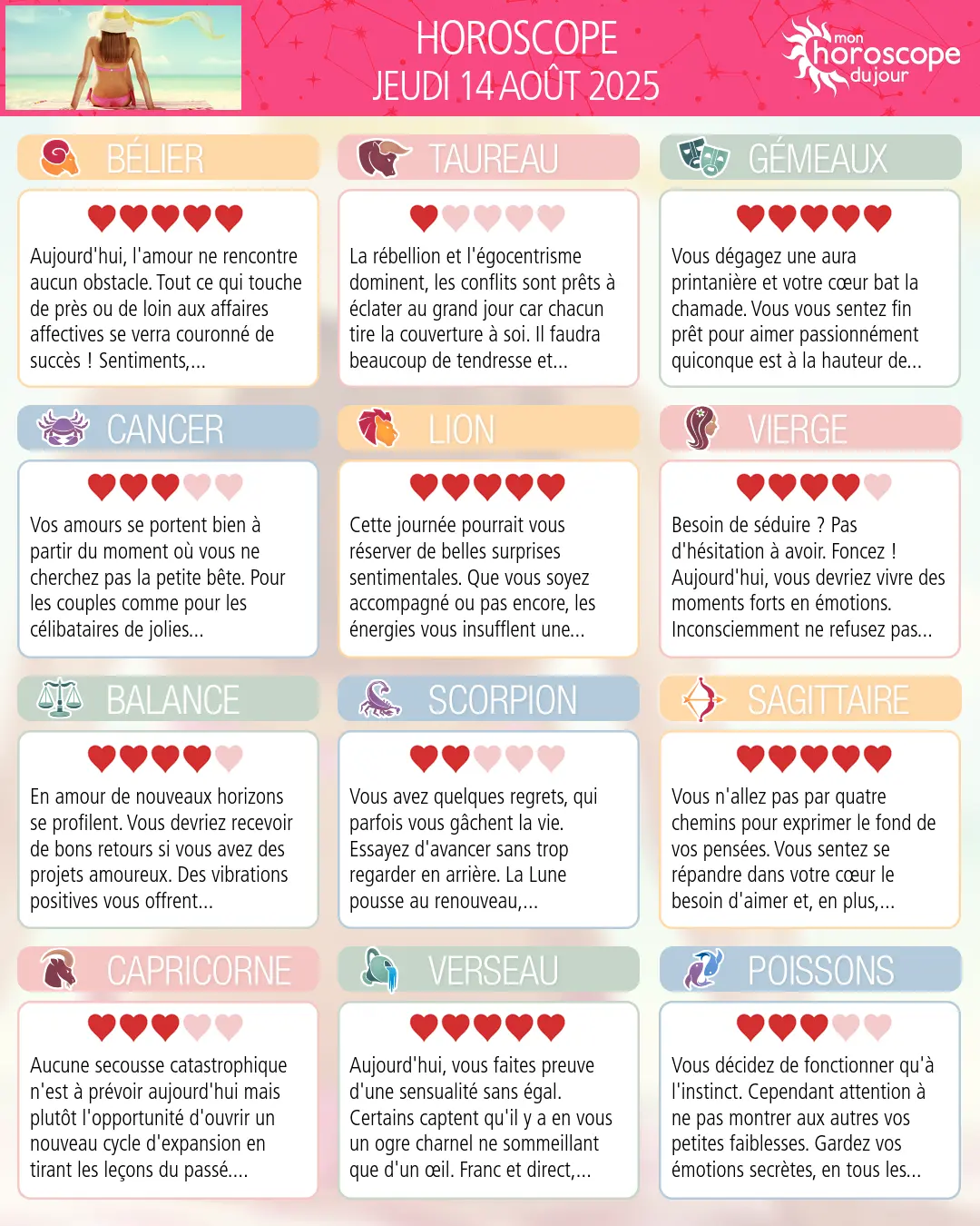 Horoscope du jeudi 14 aout 2025