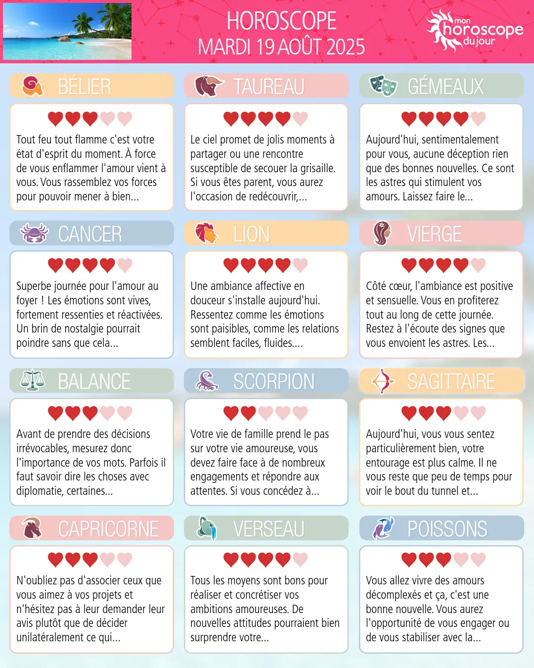 Horoscope du mardi 19 aout 2025