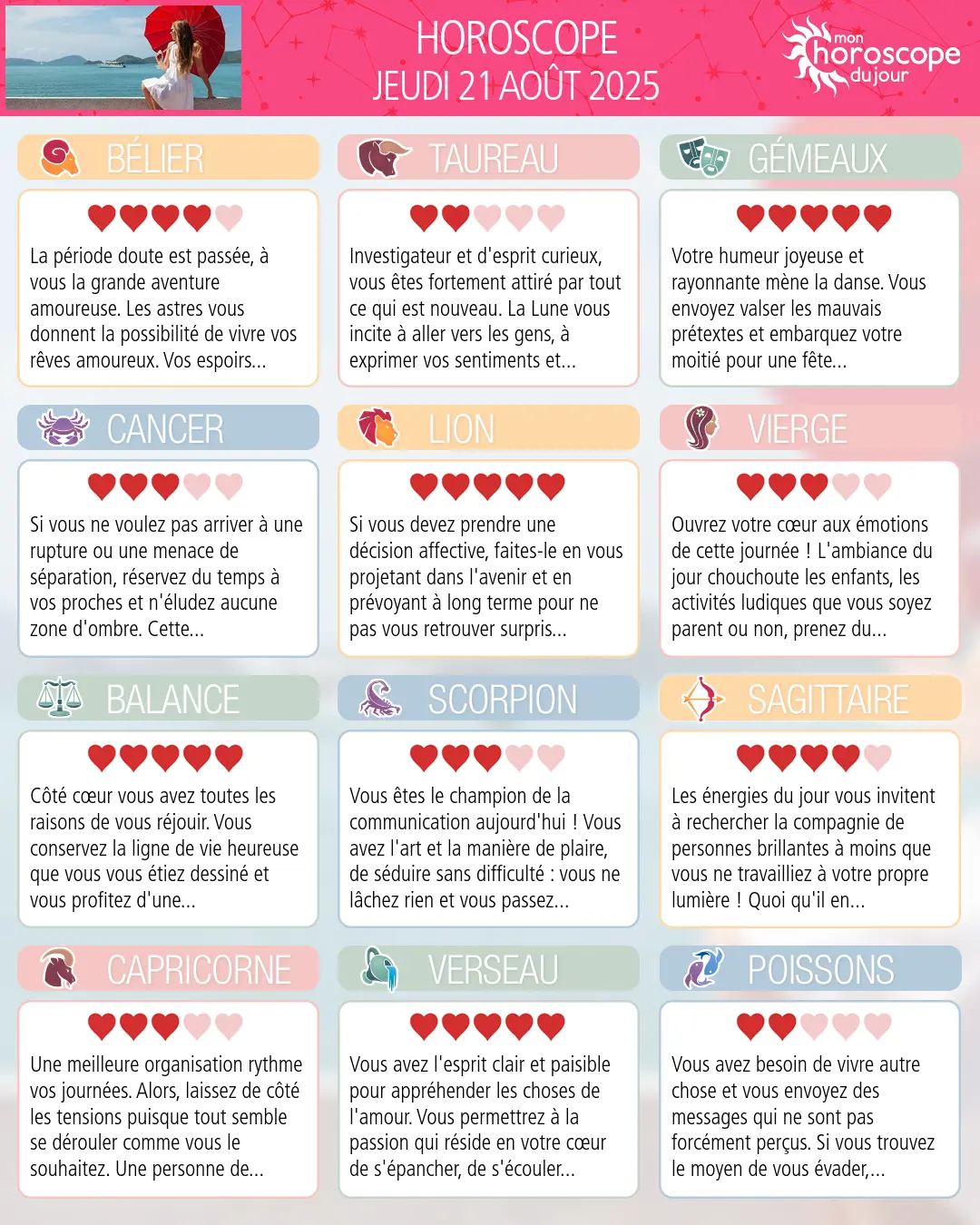 Horoscope du jeudi 21 aout 2025