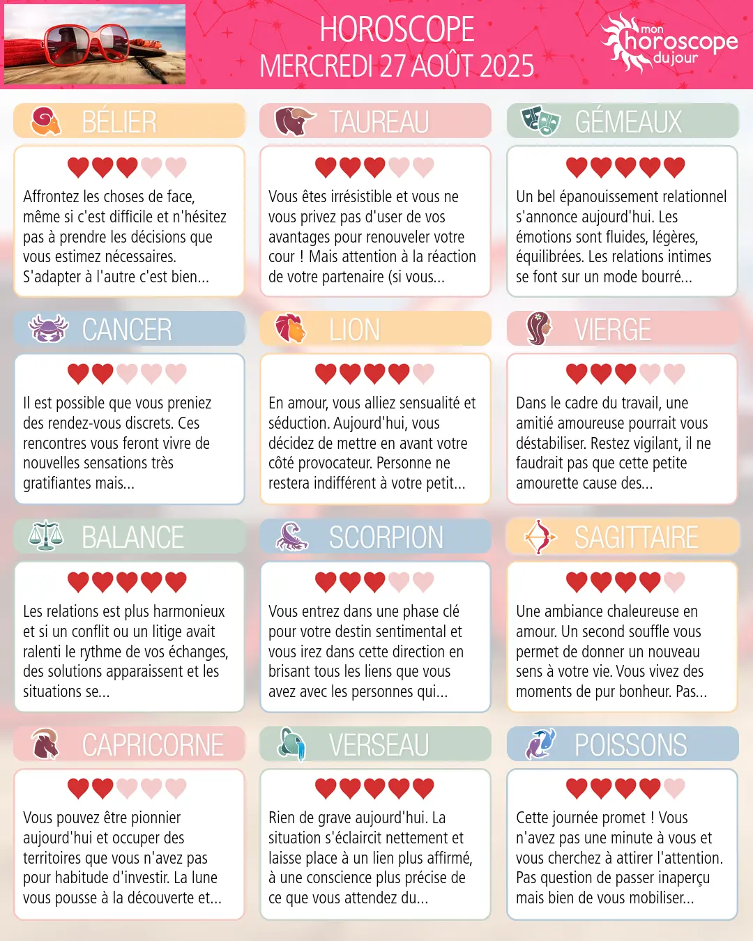 Horoscope du mercredi 27 aout 2025