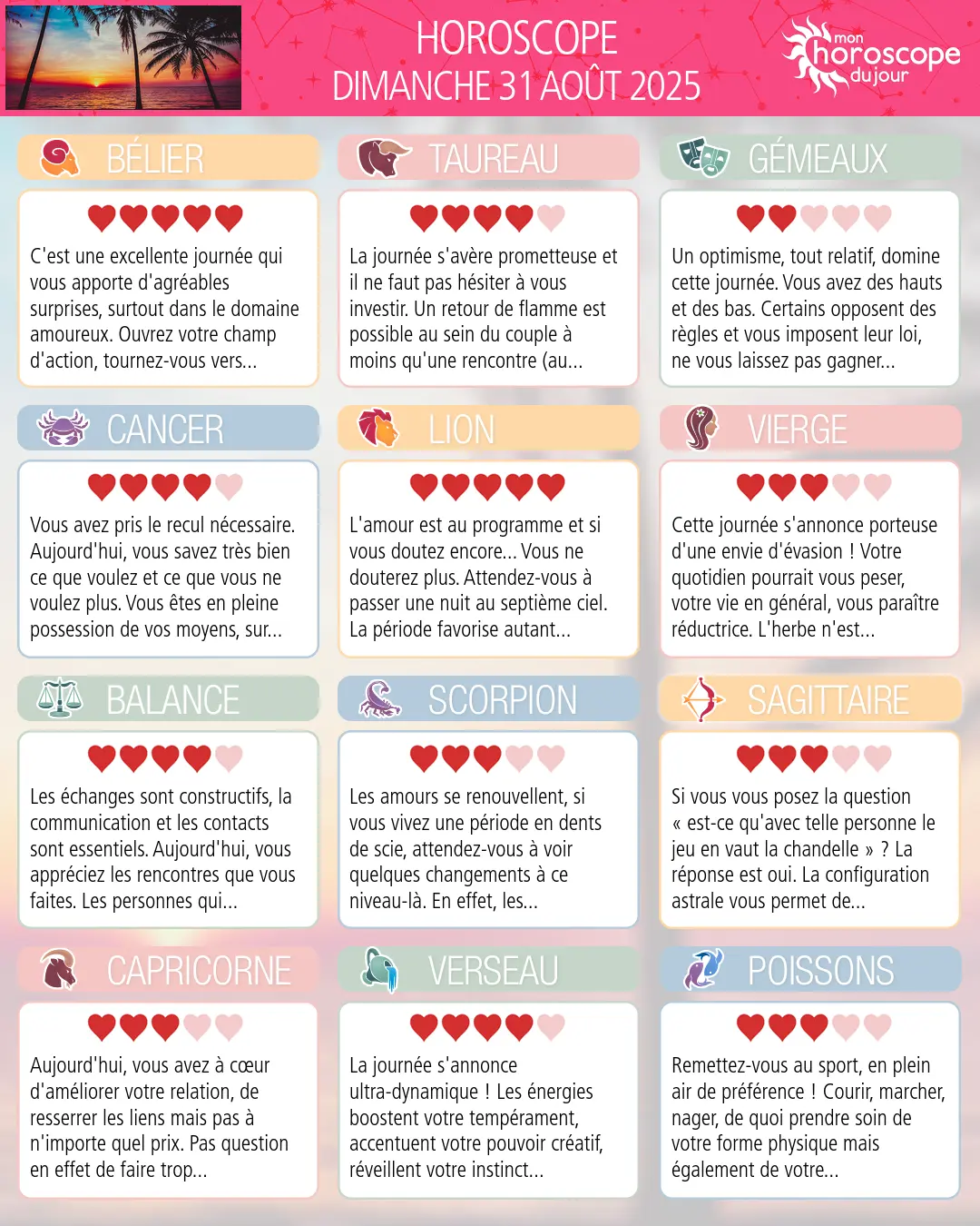 Horoscope du dimanche 31 aout 2025