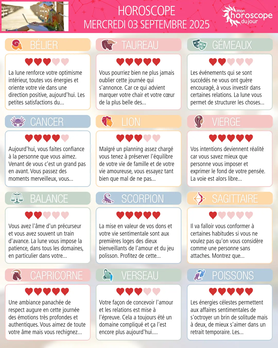 Horoscope du mercredi 3 septembre 2025