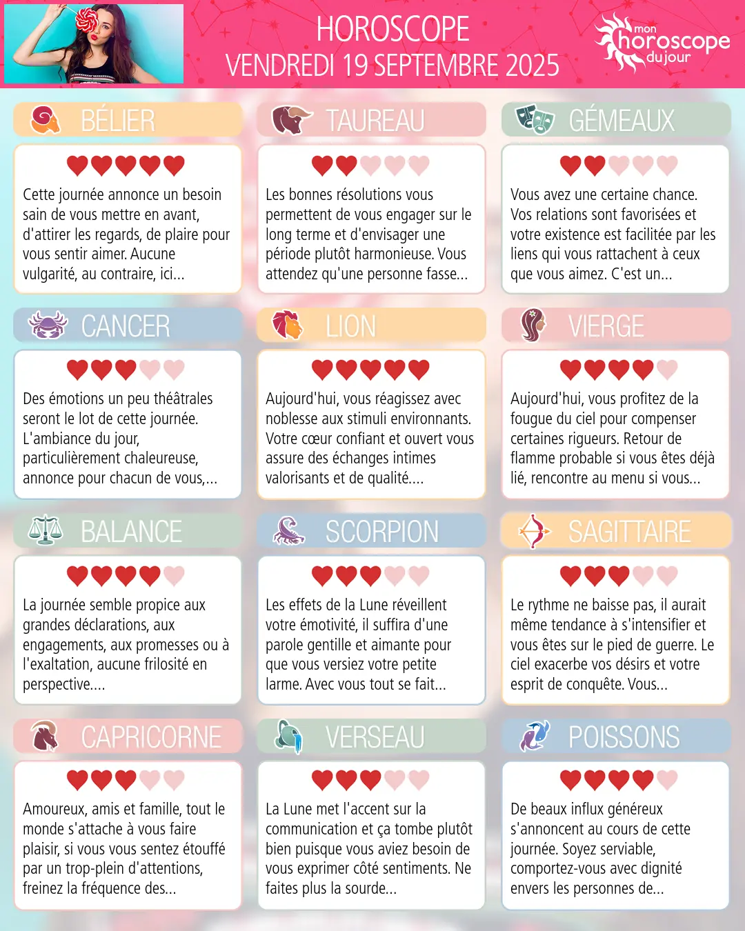 Horoscope du vendredi 19 septembre 2025
