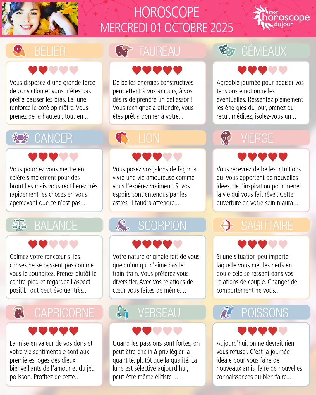 Horoscope du mercredi 1 octobre 2025
