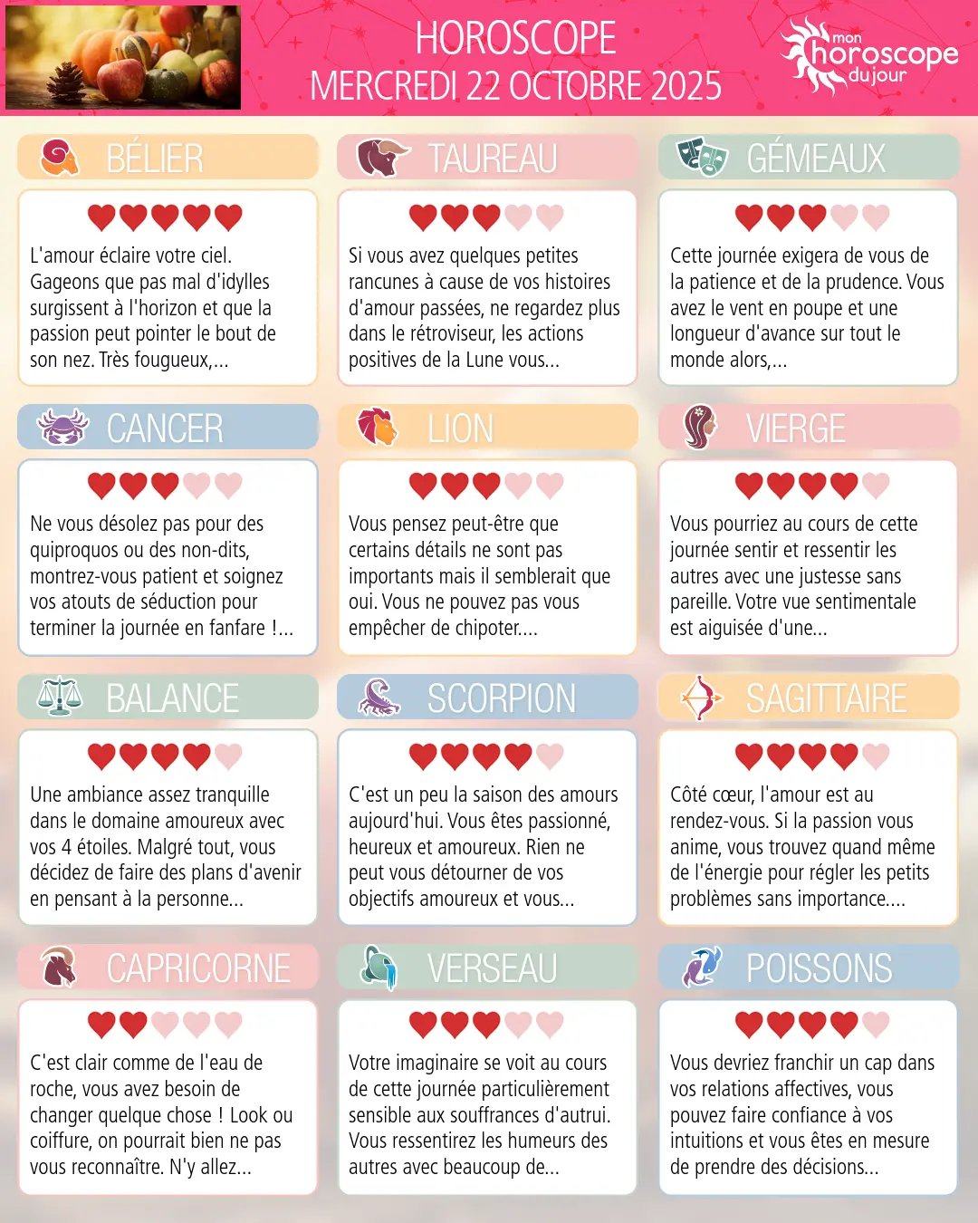 Horoscope du mercredi 22 octobre 2025