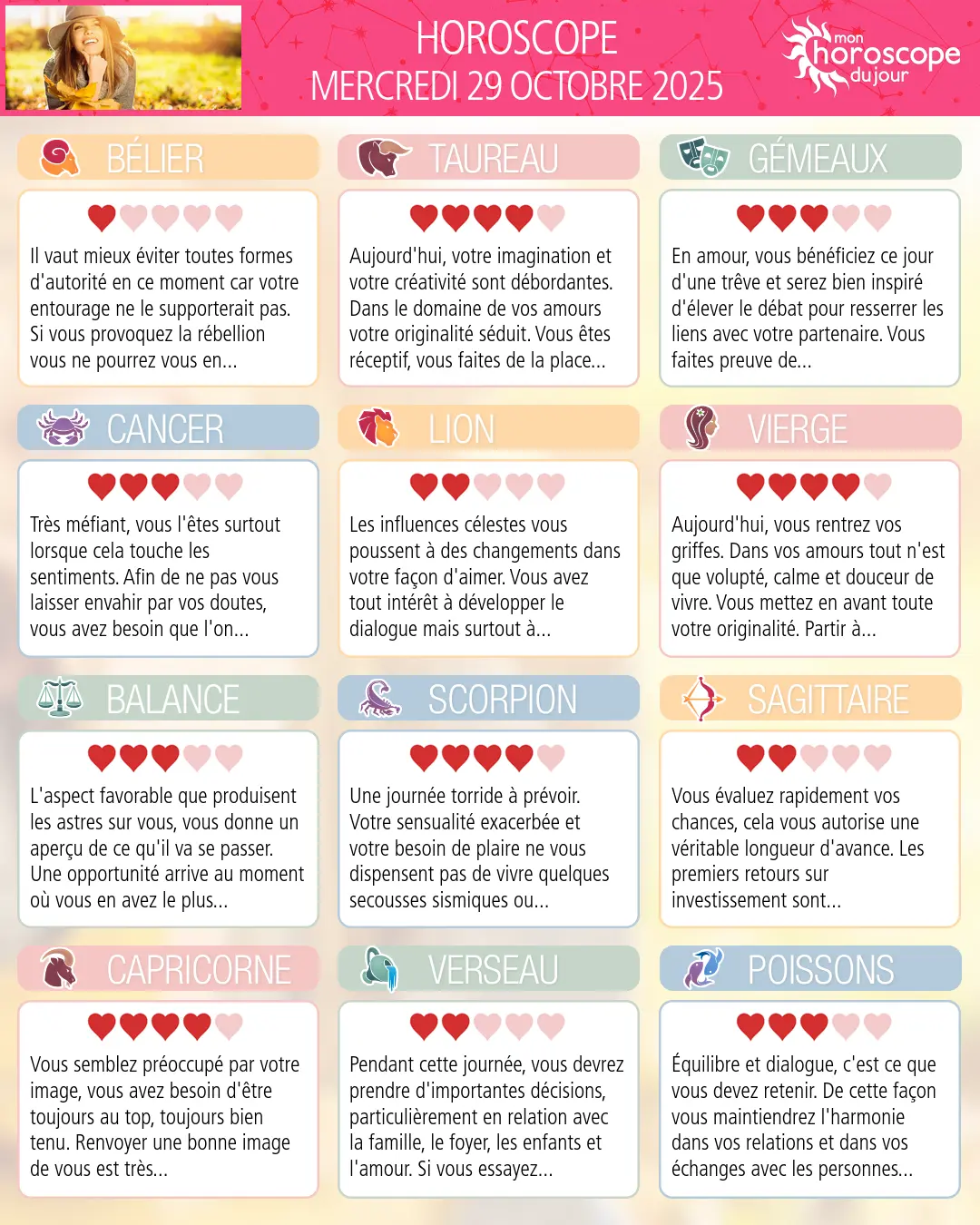 Horoscope du mercredi 29 octobre 2025