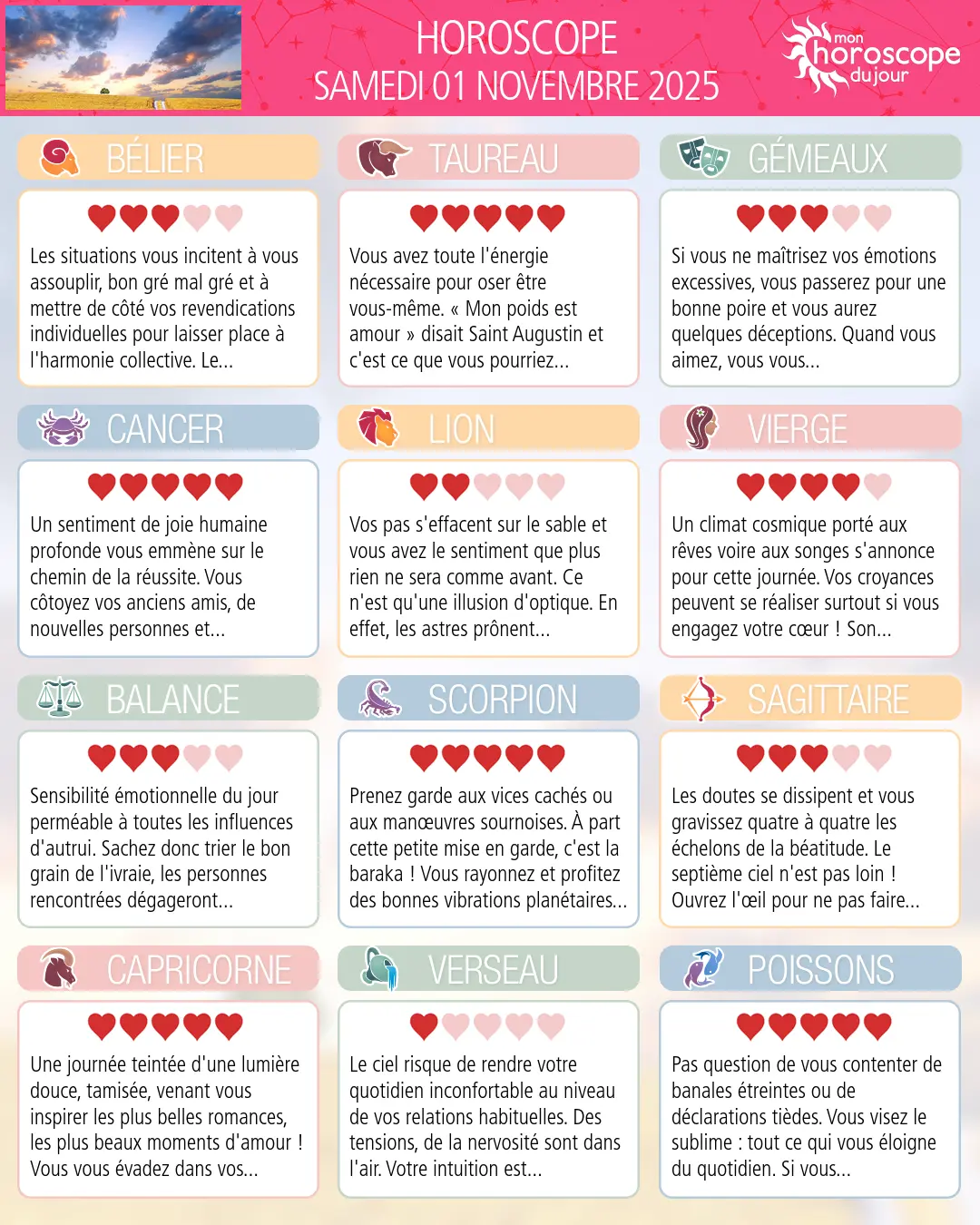 Horoscope du samedi 1 novembre 2025