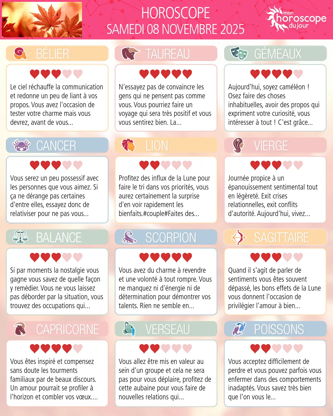 Horoscope du samedi 8 novembre 2025