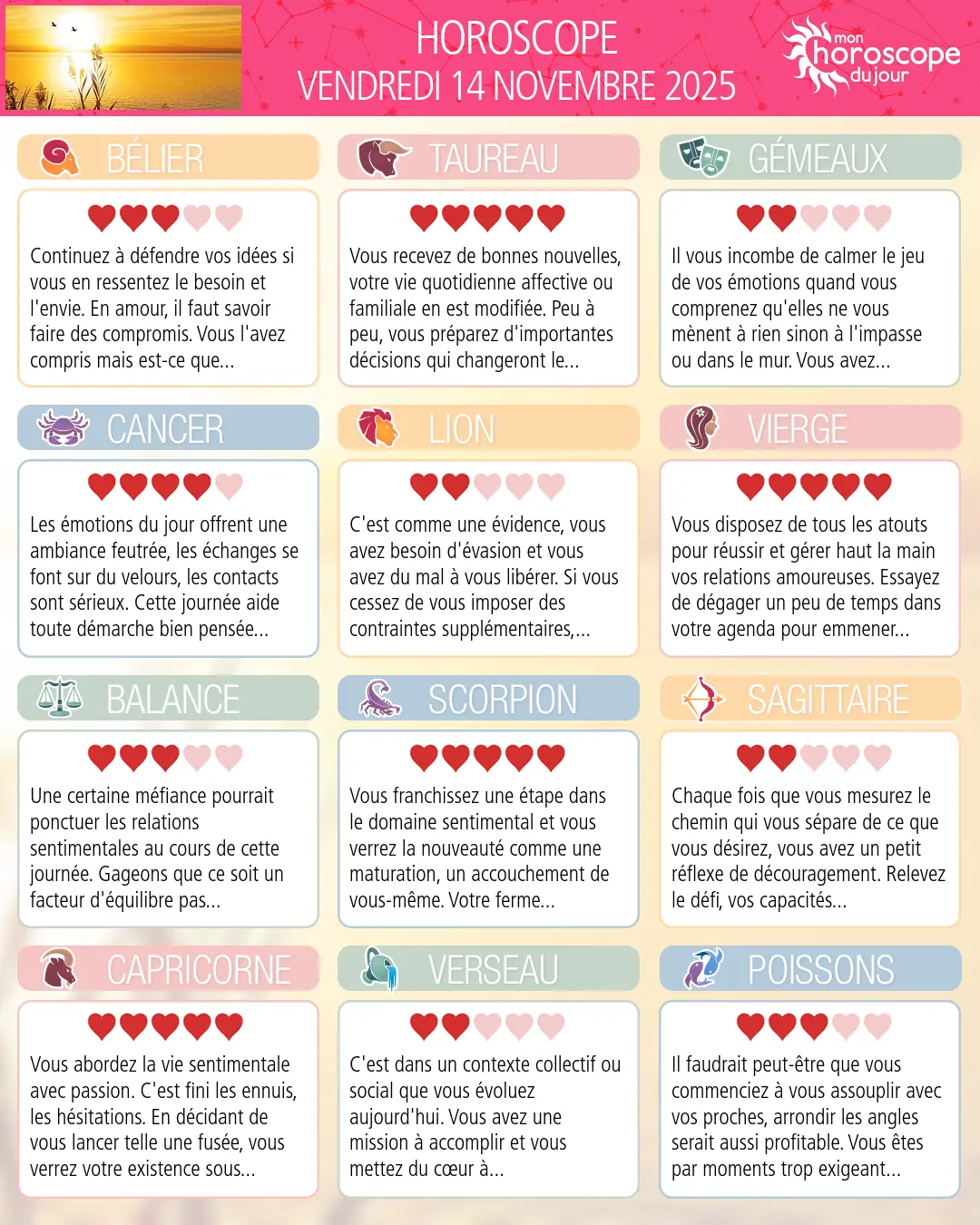 Horoscope du vendredi 14 novembre 2025