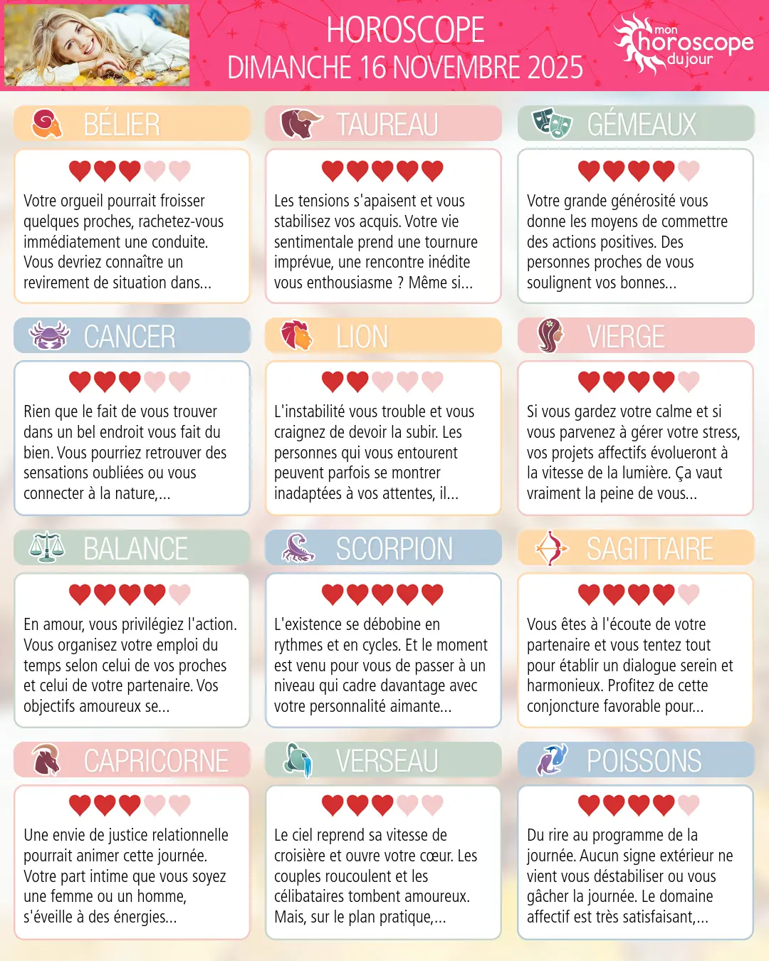 Horoscope du dimanche 16 novembre 2025