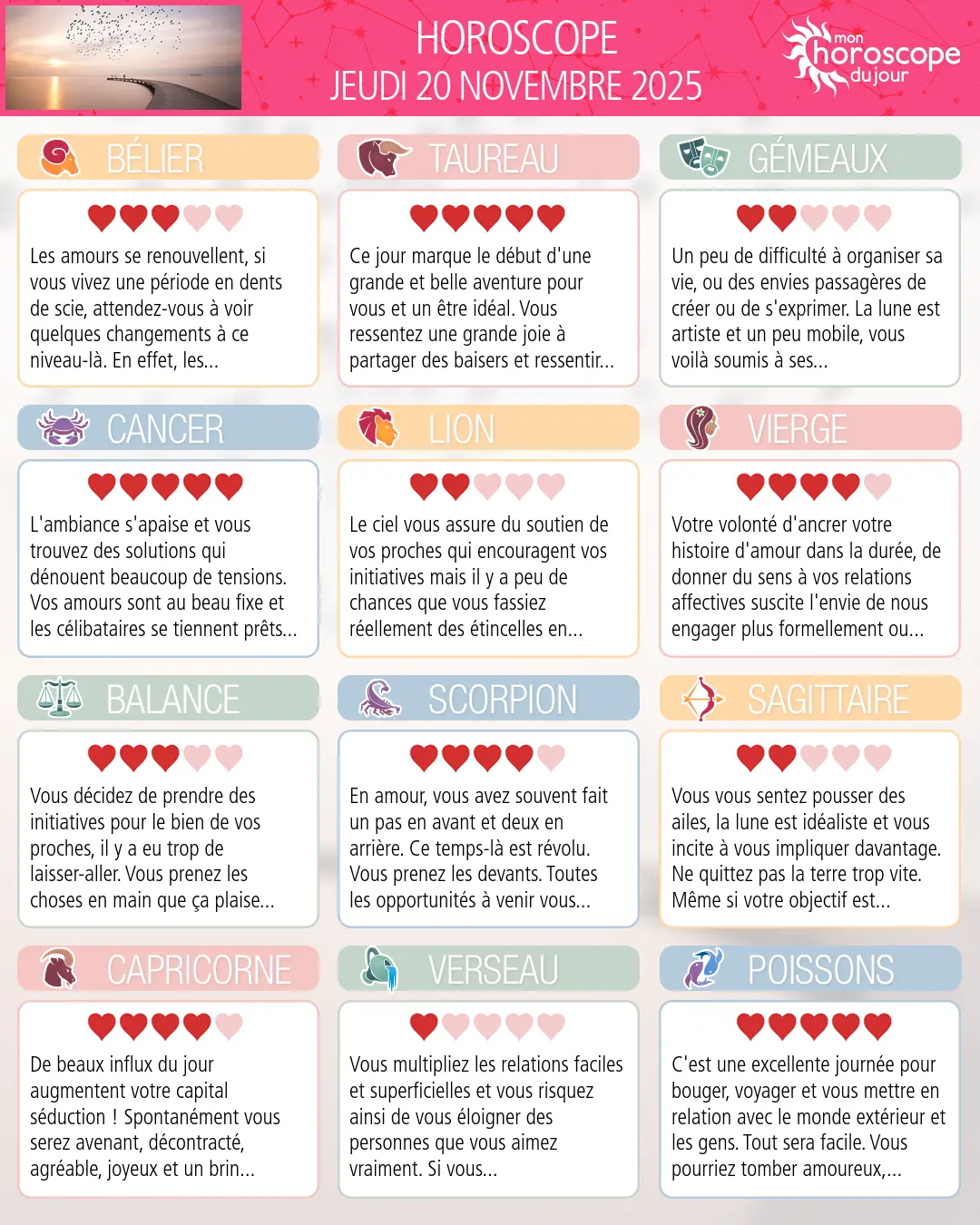 Horoscope du jeudi 20 novembre 2025