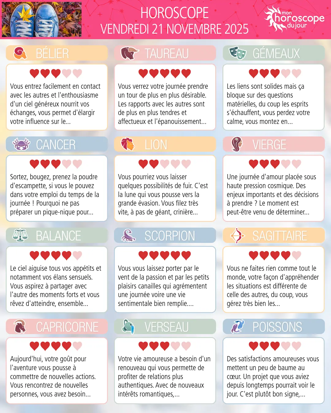 Horoscope du vendredi 21 novembre 2025