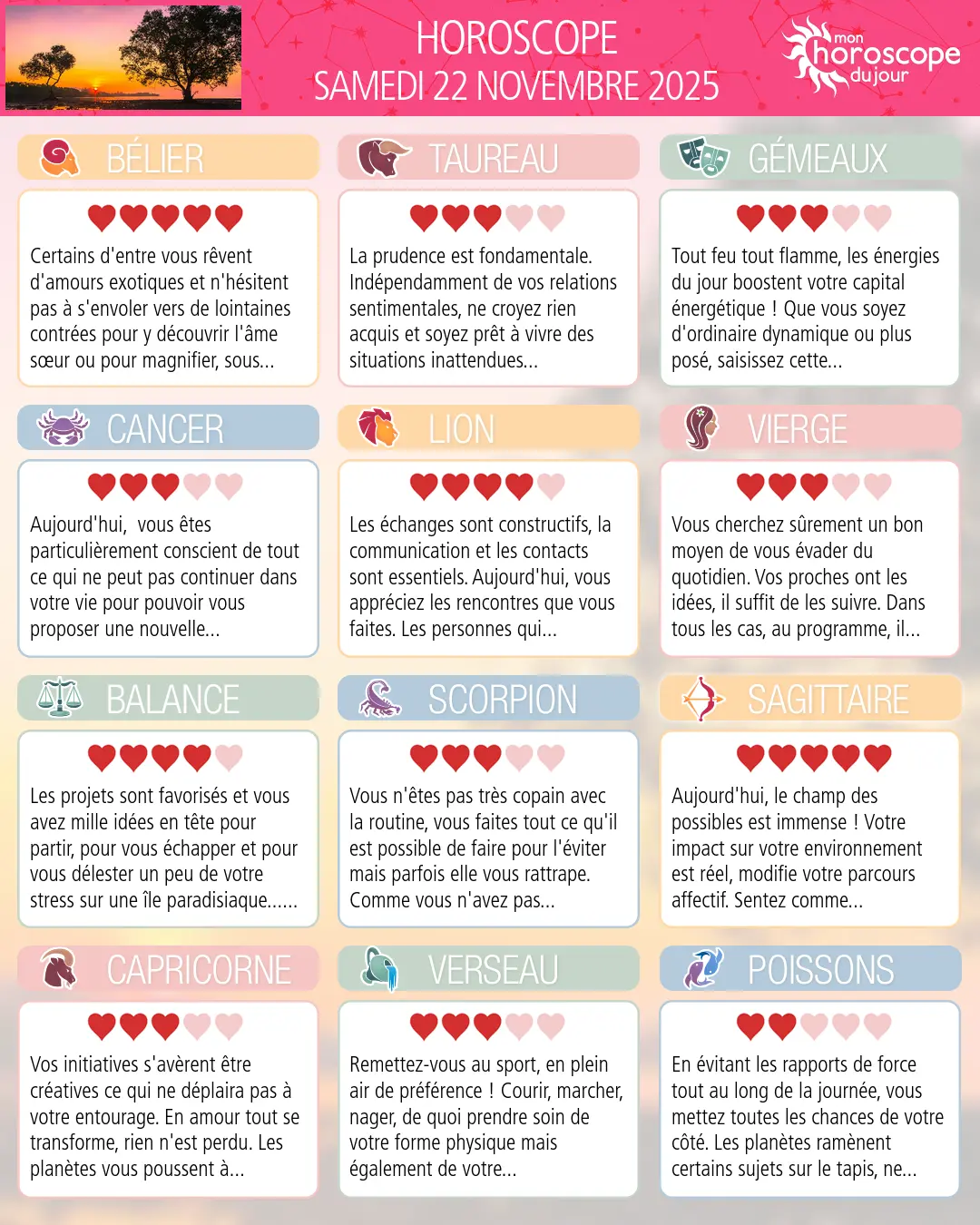 Horoscope du samedi 22 novembre 2025