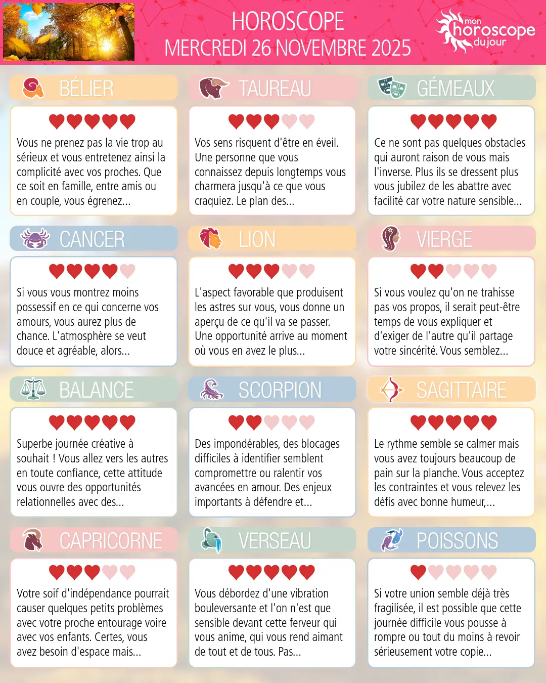 Horoscope du mercredi 26 novembre 2025