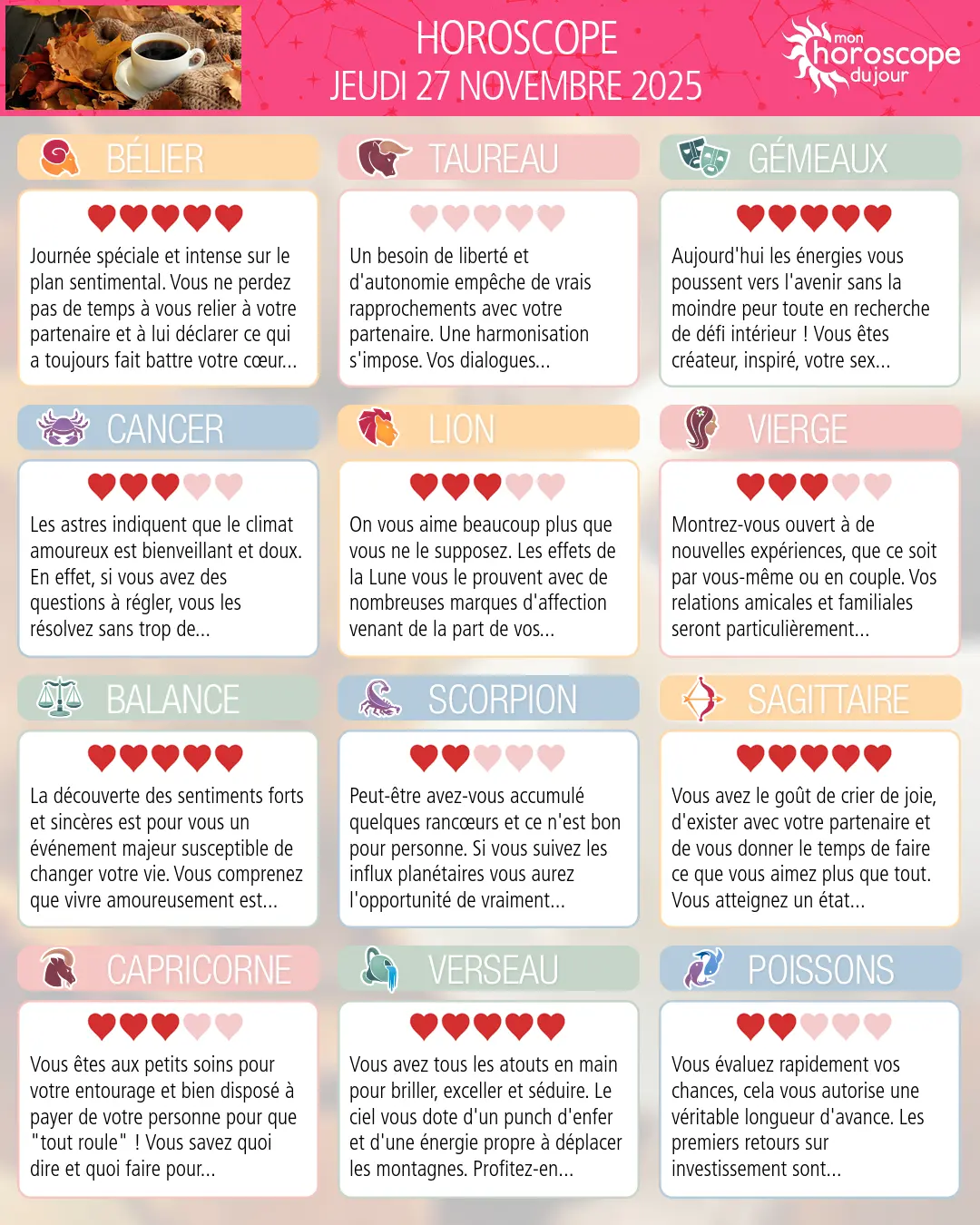 Horoscope du jeudi 27 novembre 2025