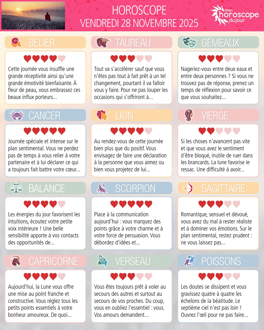 Horoscope du vendredi 28 novembre 2025