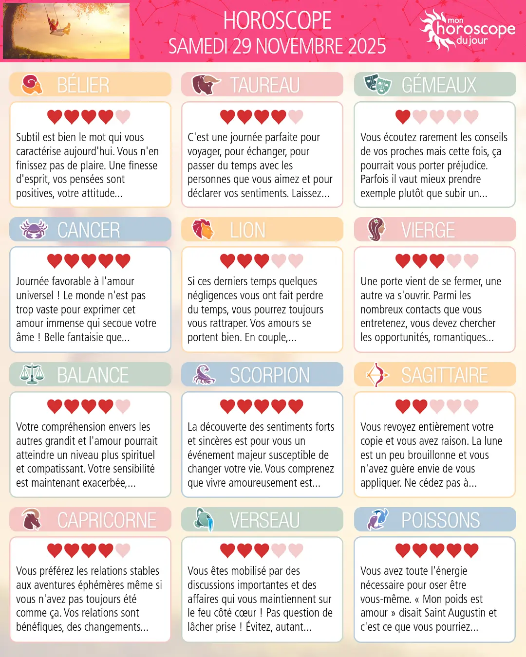 Horoscope du samedi 29 novembre 2025