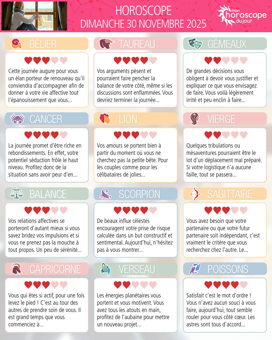 Horoscope du dimanche 30 novembre 2025
