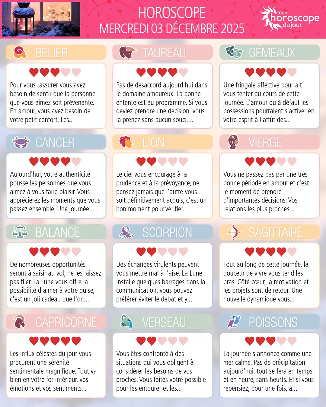 Horoscope du mercredi 3 décembre 2025