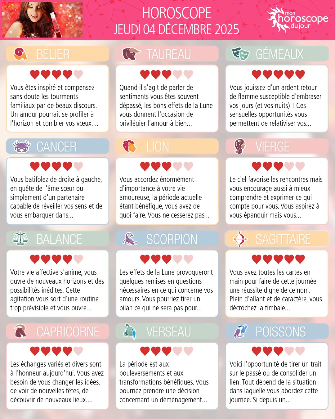 Horoscope du jeudi 4 décembre 2025