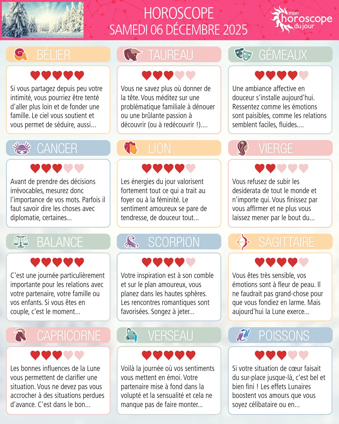 Horoscope du samedi 6 décembre 2025
