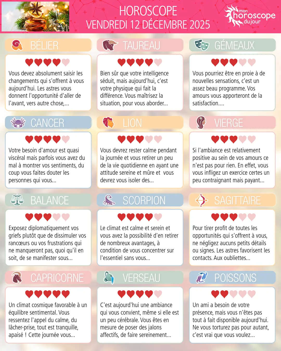 Horoscope du vendredi 12 décembre 2025