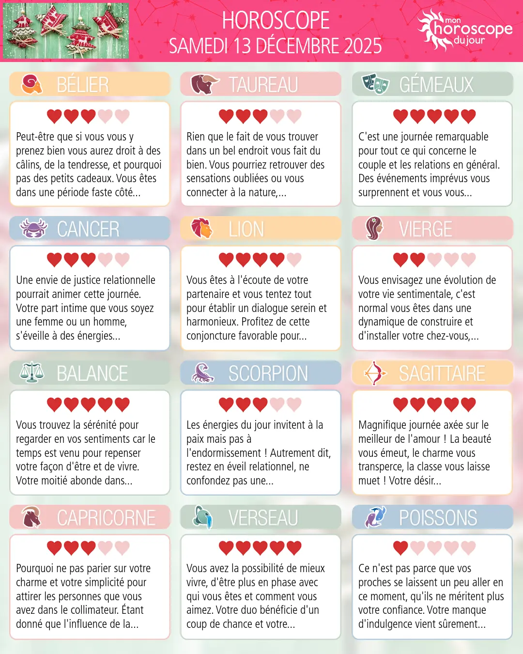Horoscope du samedi 13 décembre 2025