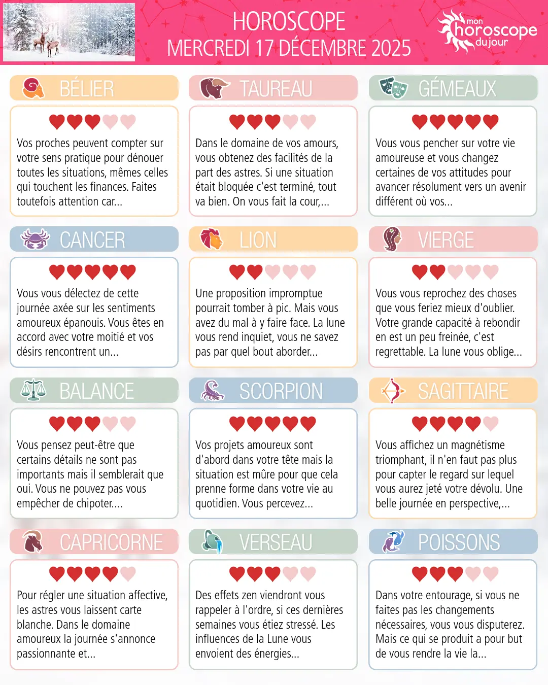 Horoscope du mercredi 17 décembre 2025