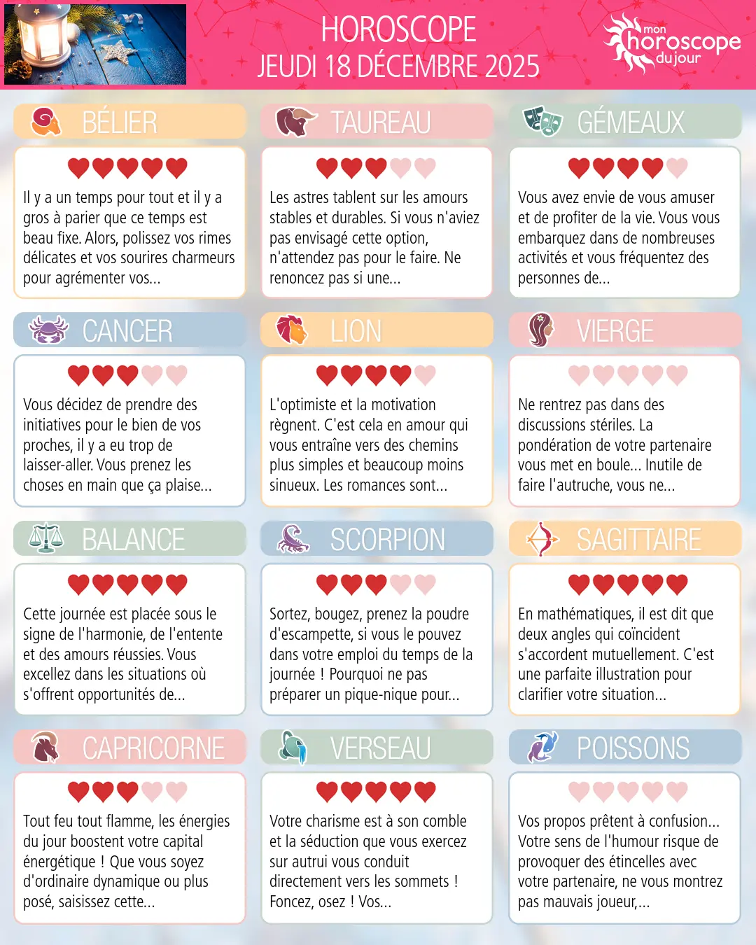 Horoscope du jeudi 18 décembre 2025