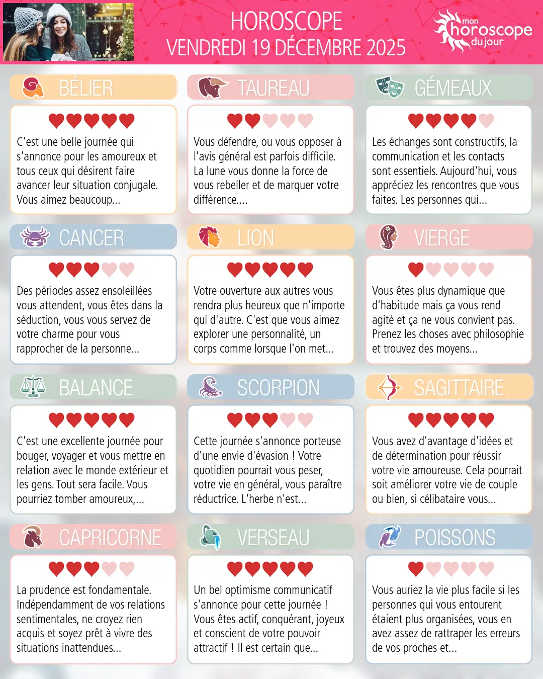 Horoscope du vendredi 19 décembre 2025