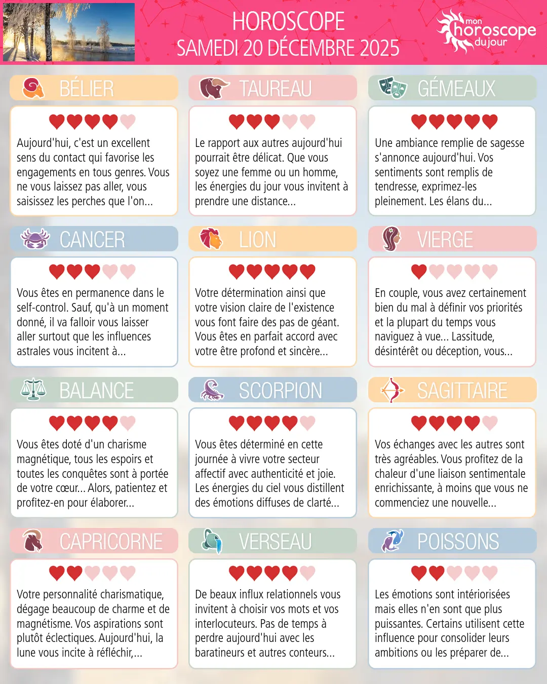 Horoscope du samedi 20 décembre 2025